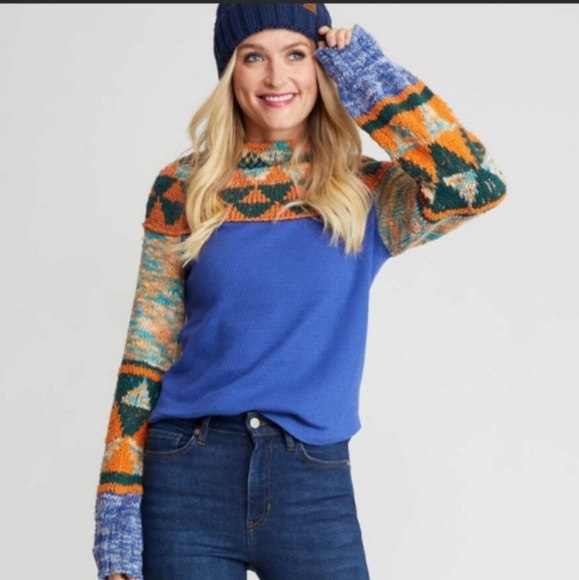 Free People Swit The Small Stuff Sweater in Navy Combo sz xs NWT $128R - Picture 6 of 6